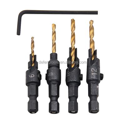 China Woodworking Hole Drilling 4pc High Speed Steel Hexagonal Handle Titanium Plated Reboring Drill Woodworking Hole Opener Screw Hardware Pilot Tool Kit for sale