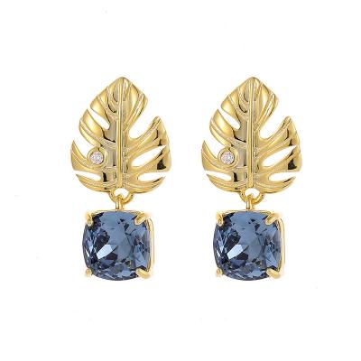 China YINSAKI FASHIONABLE Silver 18K Gold Plated Tropical Leaf Diamond Crystal Stud Earrings Elegant Temperament Style Midsummer for sale