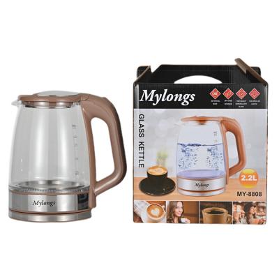 China Mylongs Base 360 Degree Rotation Blue Led 220V 2.2L Portable Glass Electric Kettle Pour Over Hotel Kettle Kitchen Kettle for sale
