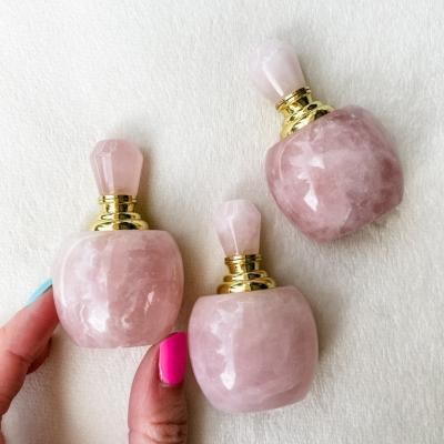 China Natural Rose Quartz Perfume Bottle Gemstone Charm Pendant Europe Healing Stone Pendants For Jewelry Making Drop Gold Color for sale