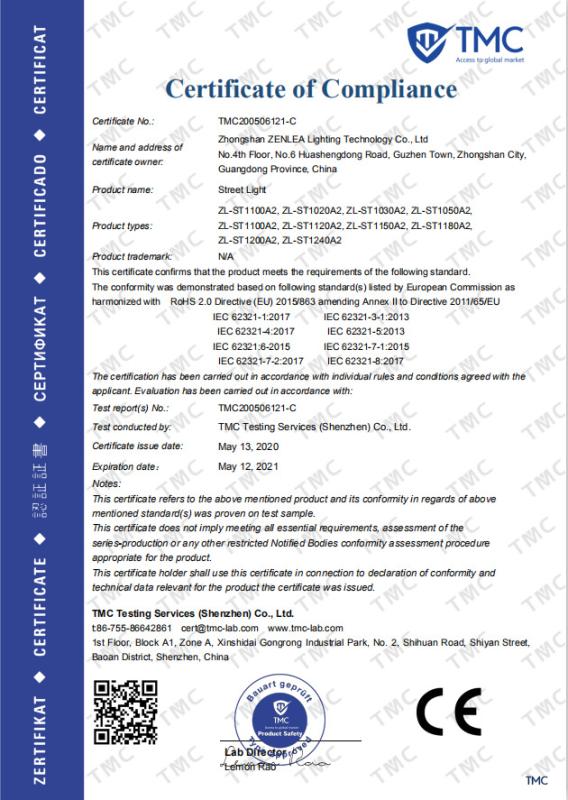 CE - Zhongshan Zenlea Lighting Technology Co., Ltd.