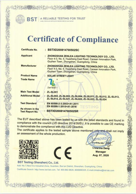 CE - Zhongshan Zenlea Lighting Technology Co., Ltd.