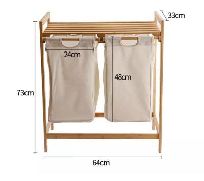 China 2 Section Modern Bamboo Laundry Hamper With Removable Liner for sale