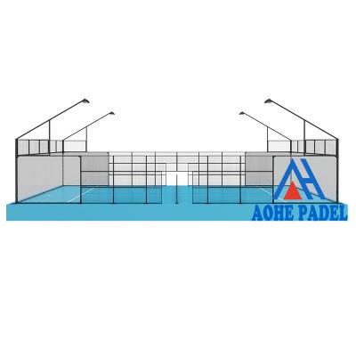 China 12mm Tempered Glass Aohesports Length 20m Width 10m Outdoor indoor lamp post on corner post panoramic style panorama padel tennis for sale