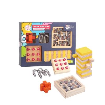 China Educational Toy High Quality Wooden Block Toy Metal Ring Brain Teaser 5 In 1 Puzzle Set For Kids for sale