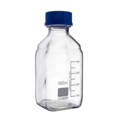 China Berlin Packaging Square Laboratory Glass Reagent Bottle Cap 50ml 100ml 250ml 500ml Blue Transparent Square Lab Bottle Customized Available Customized Normal for sale