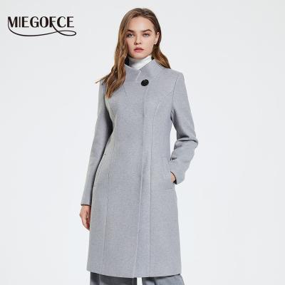 China 2021 MIEGOFCE Autumn Winter Women Wool Blend Vintage Woolen Coat Slim Stand Collar Ditch Jacket Long Jacket Female Outerwear for sale