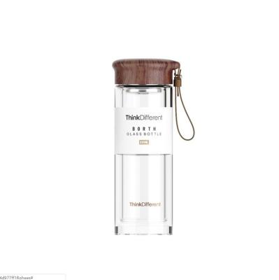 China Sustainable Custom Logo Printed Double Wall Wood Lids Glass Water Bottle With Tea Infuser for sale