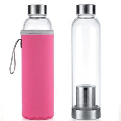 China High Quality Sustainable Tissue Sleeve Neoprene Borosilicate Glass Water Bottle With Tea Infuser for sale