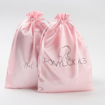 China Logo Printed Pink Hair Bag Custom Recyclable Customized Satin Silk Drawstring Bag Dust Tote Gift Bag for sale