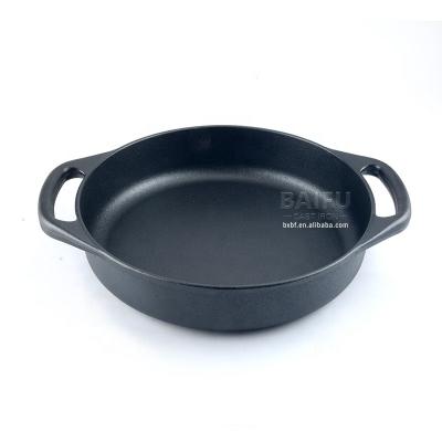 China Traditional Pre-Seasoned Cast Iron Skillet With Double Handles Frying Pan Cast Iron Baker Griddle Pan Dual Handle Round Pan Grill Pan for sale