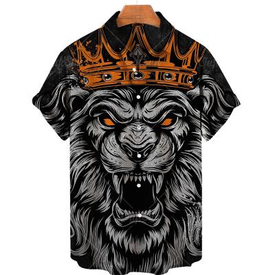 China 2022 Streetwear Lion Print Striped Patchwork Summer Sleeve Shirt Fashion Men's Hawaiian Shirt Anti-pilling Beach Chic Short Camisas for sale