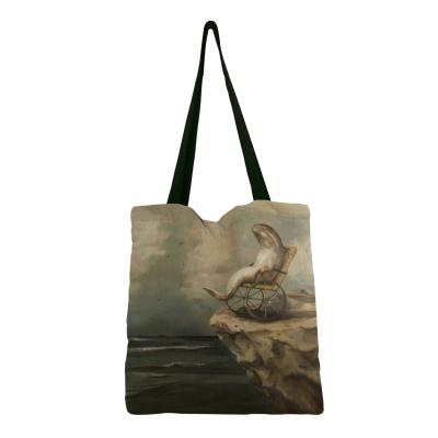 China Custom Wholesale Reusable Brown Shark Cotton Painting Canvas Foldable Handbags Washable Fashion Small for sale