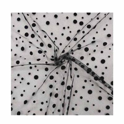 China High Quality Anti-Static 95% Polyester 5% Spandex Custom Laser Cut Black Polka Dot Elastic Knitting Tulle Mesh Cheap Flocking Fabric for sale