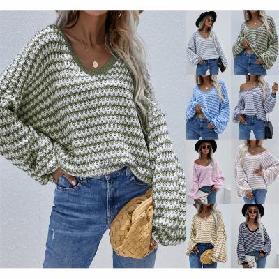 China Women 2021 QUICK DRY Main Knitwear Manufacturer Art Sleeve Knitwear Custom Knitted Striped Short Woolen Knitwear Knitwear for sale