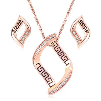 China Good Quality Geometric Jewelry Set Vintage S352 Retro Rose Gold Plated CZ Diamond Earrings Ring And Necklace for sale