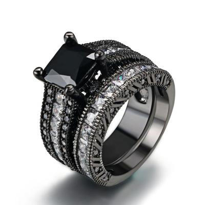 China 2PCS/Set Popular FASHIONABLE Diamond Bridal Wedding Engagement Ring Princess Cut Black Cubic Zirconia Set For Women Birthday Gift R627 for sale