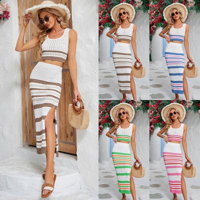 China 2023 Summer Women's New Knitted Dress 2 Piece-set Square Collar Anti-wrinkle Striped Suit Hollow Out Short Style Vest Split Long Skirt Female for sale