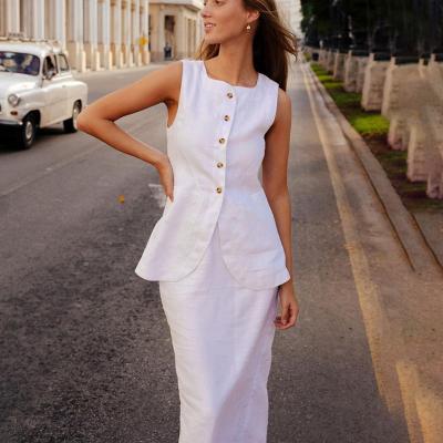 China Summer breathable thin white cotton two-piece set women outfit 2023 elegant sleeveless tops with high waist long skirts sets female for sale