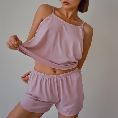China Hot Sale Breathable Women Pajamas Sleepwear Sexy Pajamas Set Nightgowns Camisole Shorts Pajamas Gray Summer Smooth Soft Casual Pink for sale