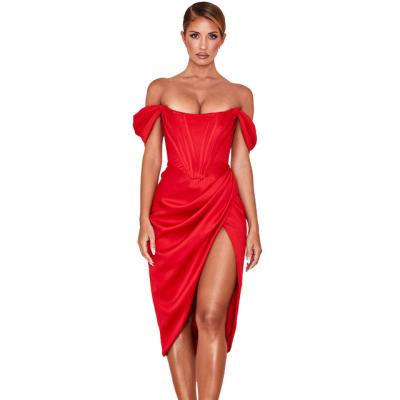 China 2022 Wholesale Women's Anti-Static Sexy Split Dress Women's Elegant Dress Solid Color Wrap Dresses Satin High Waisted Dress Wedding Dress for sale