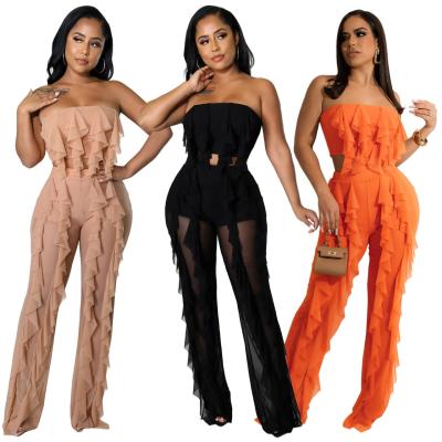 China LANOZY Fashion Summer Casual Two Piece Waterproof Women Sets Tube Top Mesh Long Pants Women Clothing Two Piece Set for sale