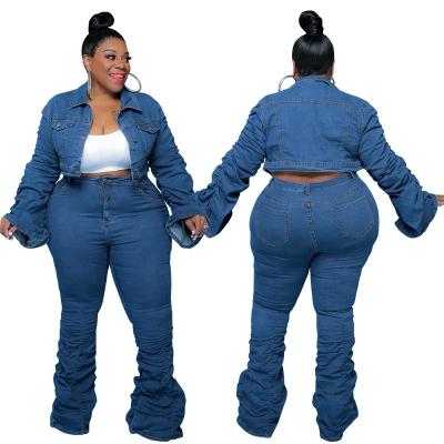 China LANOZY Anti-wrinkle plus size spring denim set matching stacked jeans pants sets women two piece fall s for sale