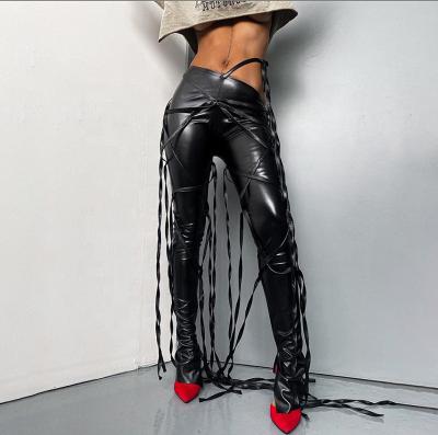 China LANOZY Plus Size PU Leather Oblique Lace-up Pants Sales Women High Waist Waterproof Warm Pants for sale