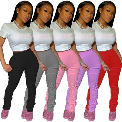 China LANOZY Summer Solid Color Sports Tracksuit Women QUICK DRY Pleated Leggings Plus Size Stacked Pants for sale