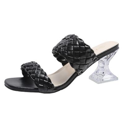 China Fashion 2022 Fashion Weave Two Bands Knit Square Toe Clear Heel Women's Sandals For Woman for sale