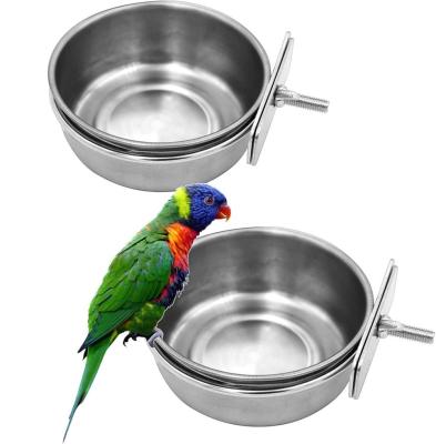 China Non-automatic Bird Feeding Cups with Clamp Holder, Parrot Food and Water Cage Bowl Stainless Steel Cage Cup Dish Hanging Feeder for Parakeet for sale