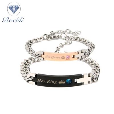 China Romantic Couples Bracelet His King His Queen Couple Crytal Stainless Steel Crown Charm Bracelets for sale