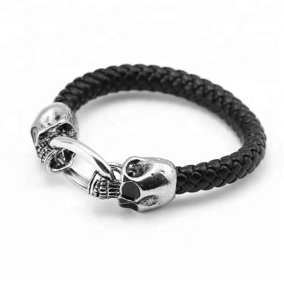 China Popular Stainless Steel Jewelry Fashion Braided Leather Mens Punk Skull Bracelet Bangles for sale