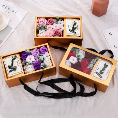 China Wholesale Portable Gold Handmade Artificial Card Flower Soap Gift Valentine's Day Mother's Day Gift Box for sale