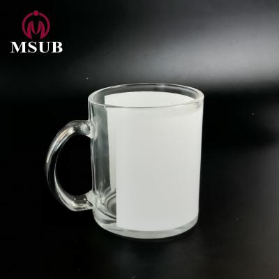 China Sustainable 11oz Customized Sublimation Glass Mug With White Patch for sale