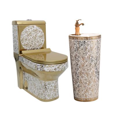 China Luxury Royal Bathroom Sanitary Ware Pedestal Pedestal & Gold Style Double-flow Ceramic Gold Toilet Set Trap Decoration One Piece Dresser for sale