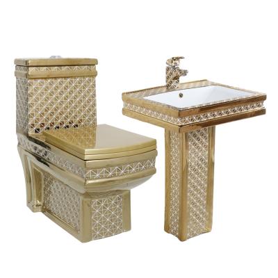 China Double-flow Style Ware Luxury Sanitary Modern Gold Plated Bathroom Sink WC Bowl Ceramic Toilet Set for sale