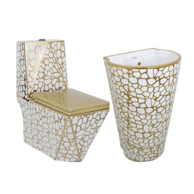 China Bathroom Hot Sale European Style Double-flow Pedestal Sink Ceramic Golden Sanitary Ware Siphon WC Gold Luxury Toiletry Set for sale