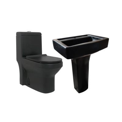 China Double-Flow Chinese Sanitary Ware Floor Stand Commode WC Pedestal Sink Ceramic Matte Black Color Toilet Set for sale