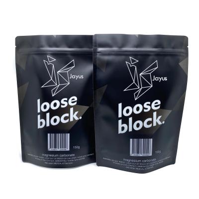 China 150g Magnesium Carbonate Moisture Proof Sports Chalk Powder Mylar Black Bags Zip Lock Backing Up Pouches With Logo for sale