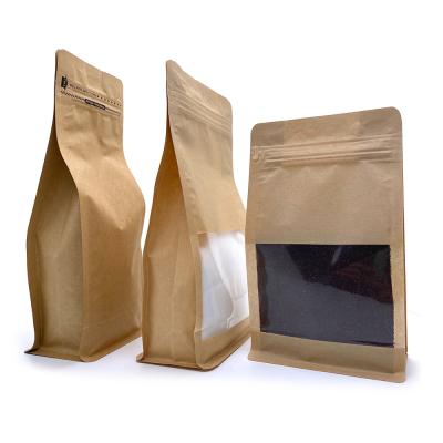 China Factory Direct Custom Compostable Flat Bottom Kraft Paper Zipper Bags Recyclable With Valve Window For Food for sale