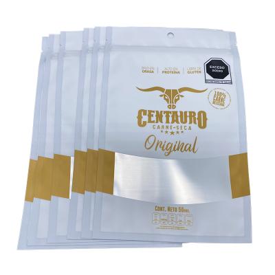 China Custom Logo Smell Proof Moisture Proof Glossy Gold Printed Frosted Resealable Zipper Beef Jerky Food Mylar Packaging Bag for sale