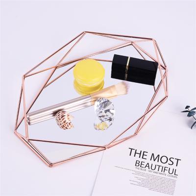 China Rose Gold Metal Acrylic Serving Mirror Perfume Vanity Rectangle Viable Home Decor Glass Jewelry Tray for sale