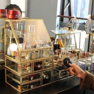 China Sustainable Makeup Organizer Luxury Gold Metal Glass Brush Acrylic Desktop Perfume Vanity Holder Make Up Cosmetic Storage Box Makeup Organizer for sale