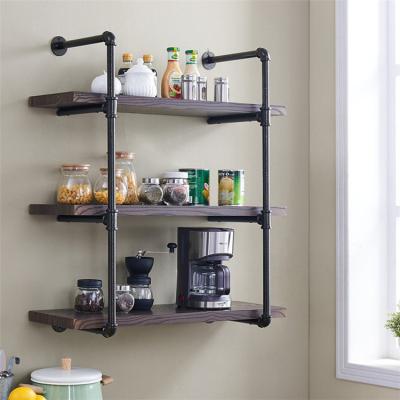 China Kitchen Storage Shelf 3 Tier Ladder Industrial Rustic DIY Metal Storage Wood Rack Hanging Floating Shelves for sale