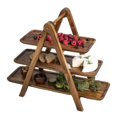 China Sustainable New arrived 2023 Bamboo Wood Rectangular Christmas 3 Tier Tiered Serving Tray Platter Cupcake Stand Decor for sale