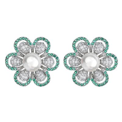 China KEORMA temperament all-match earrings micro-set zirconia fashionable copper earrings micro-set green flower pearl ladies ear pin for sale