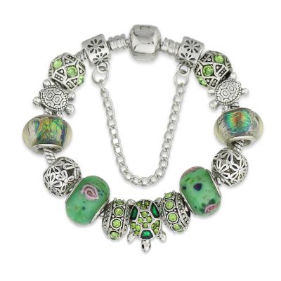 China Cute Fashion Jewelry Antique KEORMA Silver Color Sea Turtle Women Charm European Green Glass Bead Bracelet Bangle For Gift for sale