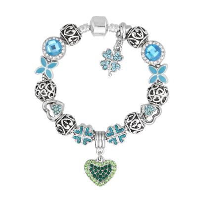 China NEW KEORMA Original Silver Leaf Cute Lucky Clover Charm Bracelet Four Color For Women Green Heart Bead Fit Bangle Bracelet for sale