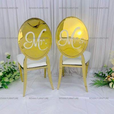 China Wholesale Popular Luxury Mr. and Mrs. Removable Cover Stainless Steel Wedding Back Cushion Reception Gold Wedding Movable Chairs for Event for sale